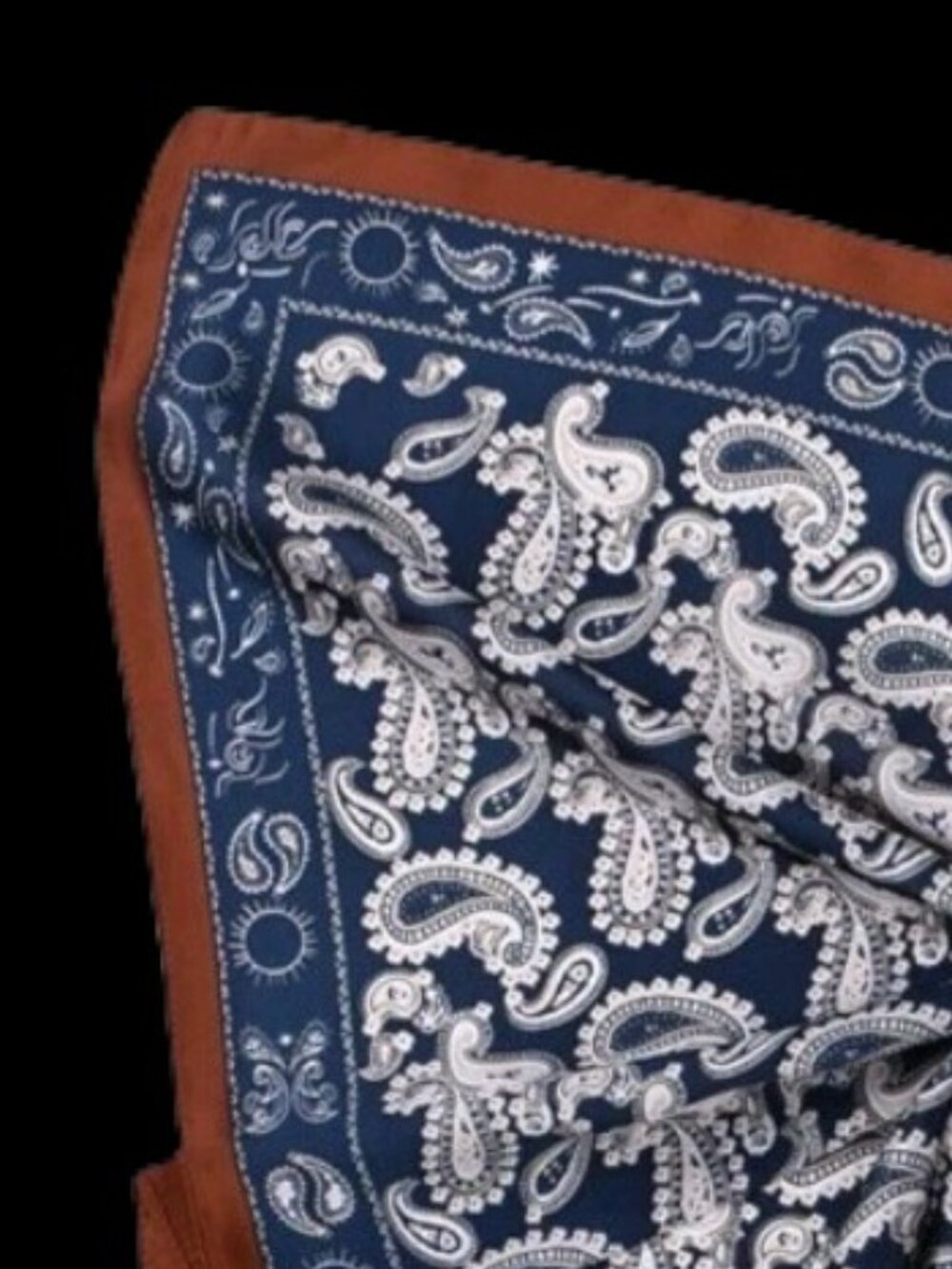 BLUE & WHITE with Rust Borde Bandana Poly-Silk 27” Square SCARF by ORNAMENTS NEW
